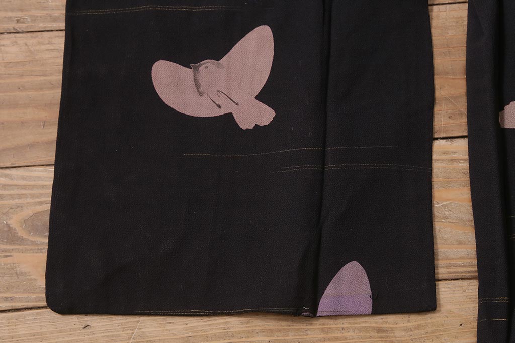 アンティーク着物　大正昭和初期　黒縮緬ふくら雀柄　道行コート(正絹古布)(R-043260)