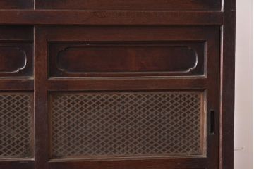 アンティーク家具　上手物!　明治大正期　前面欅(ケヤキ)・玉杢材　3尺　組子入り引き戸の関東水屋箪笥(茶箪笥、重ね戸棚、収納棚)(R-043277)