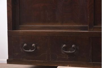 アンティーク家具　明治大正期　前面欅(ケヤキ)材・玉杢材　漆塗り　収納箪笥(サイドボード、水屋箪笥、戸棚、キャビネット、テレビ台、収納棚)(R-043279)