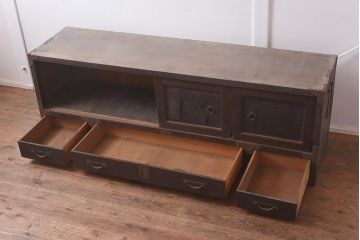 アンティーク家具　明治期　三方ケヤキ材　激レア!貫禄漂う上手物の帳場大箪笥(箪笥ローボード、収納棚)(R-043293)