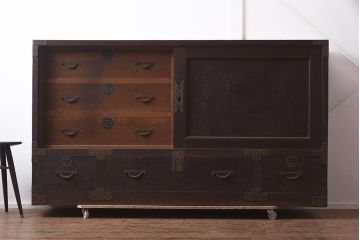 アンティーク家具　明治期　三方ケヤキ材　激レア!貫禄漂う上手物の帳場大箪笥(収納箪笥、引き出し)(R-043294)