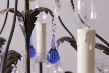 ヴィンテージ照明　輸入品　色付きのガラスドロップがおしゃれなリーフシャンデリア(天井照明、ビンテージ)(R-043304)