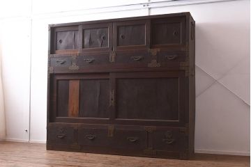 アンティーク家具　明治期　三方ケヤキ材　激レア!貫禄漂う上手物の帳場大箪笥(収納箪笥、引き出し)(R-043316)