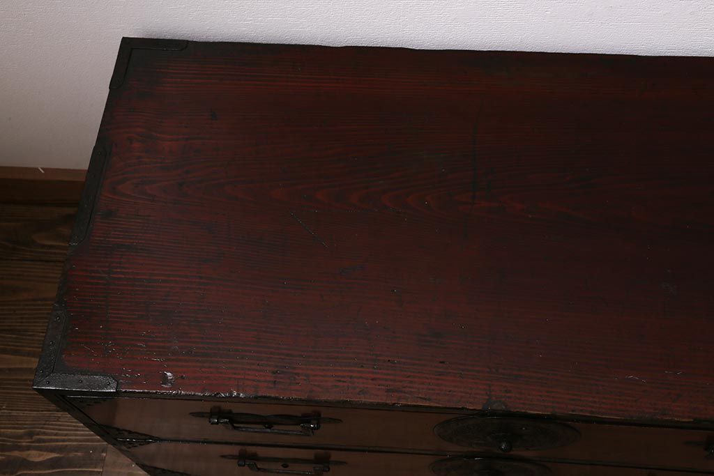 アンティーク家具　明治大正期　前面欅(ケヤキ)材　美しい木目が魅力の重ね会津箪笥(衣装箪笥、時代箪笥)(R-043326)