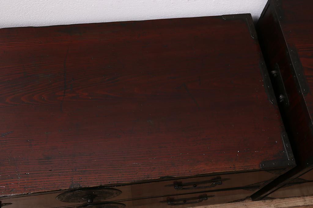 アンティーク家具　明治大正期　前面欅(ケヤキ)材　美しい木目が魅力の重ね会津箪笥(衣装箪笥、時代箪笥)(R-043326)