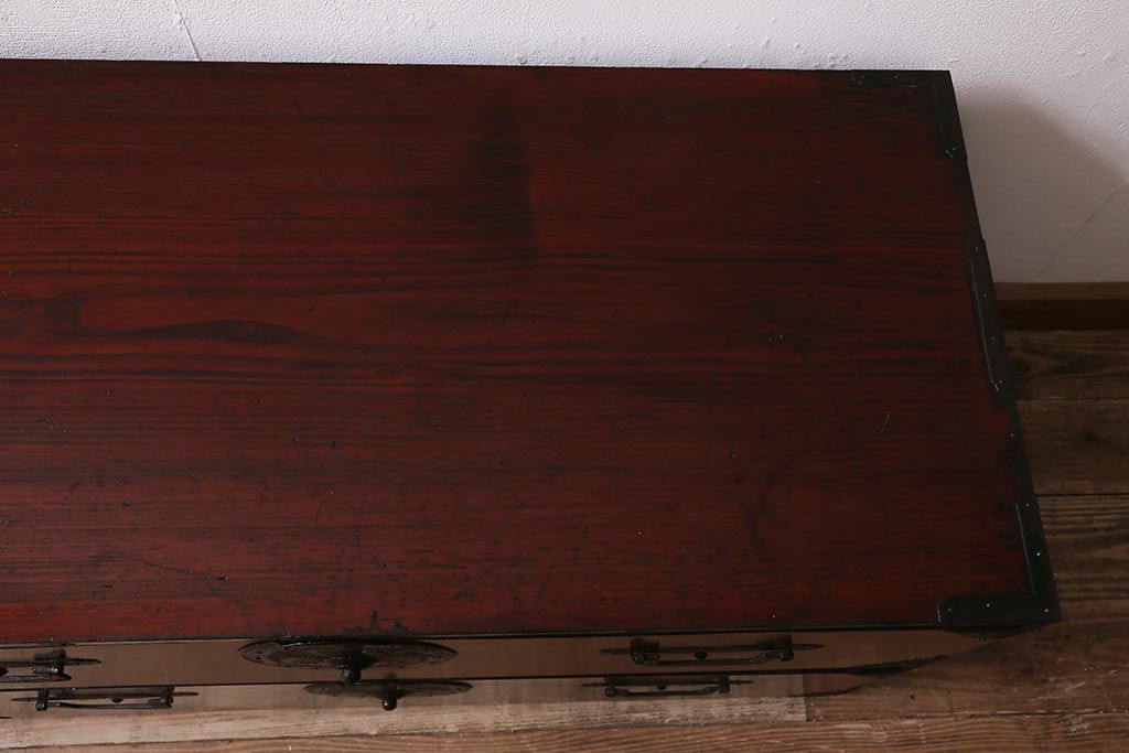 アンティーク家具　明治大正期　前面欅(ケヤキ)材　美しい木目が魅力の重ね会津箪笥(衣装箪笥、時代箪笥)(R-043326)