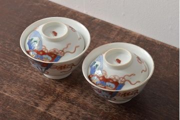 アンティーク雑貨　明治大正期　扇面図色絵蓋茶碗2客セット(和食器)(R-043334)