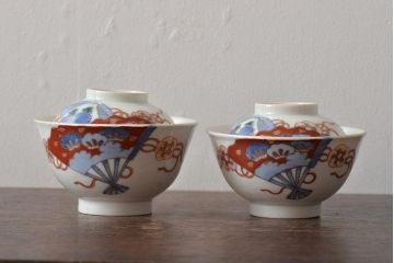 アンティーク雑貨　明治大正期　扇面図色絵蓋茶碗2客セット(和食器)(R-043334)