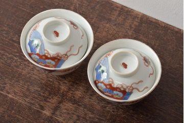 アンティーク雑貨　明治大正期　扇面図色絵蓋茶碗2客セット(和食器)(R-043334)