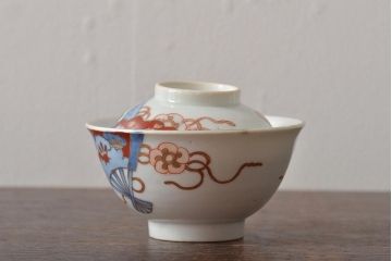 アンティーク雑貨　明治大正期　扇面図色絵蓋茶碗2客セット(和食器)(R-043334)