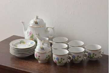中古　ハンガリー　HOLLOHAZA(ホロハーザ)　Pannonia(パノニア)　ティーポット・シュガーポット・クリーマー・カップ&ソーサー6客セット(洋食器、ミルクポット、ティーセット)(R-043339)
