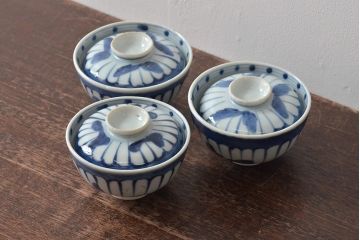 古民具・骨董　明治期　伊万里焼　染付蓋茶碗3客セット(和食器)(R-043342)