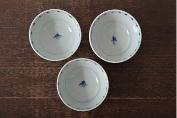 古民具・骨董　明治期　伊万里焼　染付蓋茶碗3客セット(和食器)(R-043342)