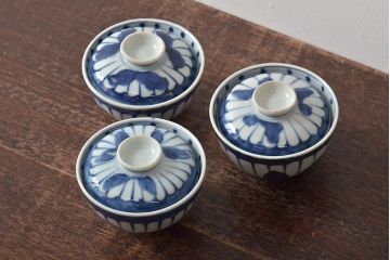 古民具・骨董　明治期　伊万里焼　染付蓋茶碗3客セット(和食器)(R-043343)