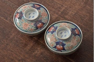 古民具・骨董　幕末明治　富長貴春銘　色絵染付蓋茶碗2客セット(和食器)(R-043345)