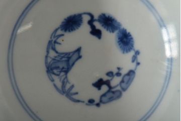 古民具・骨董　幕末明治　富長貴春銘　色絵染付蓋茶碗2客セット(和食器)(R-043345)