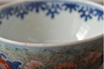 古民具・骨董　幕末明治　富長貴春銘　色絵染付蓋茶碗2客セット(和食器)(R-043345)