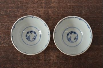 古民具・骨董　幕末明治　富長貴春銘　色絵染付蓋茶碗2客セット(和食器)(R-043345)