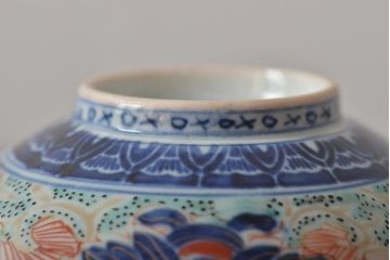 古民具・骨董　幕末明治　富長貴春銘　色絵染付蓋茶碗2客セット(和食器)(R-043345)