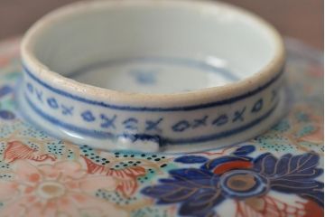 古民具・骨董　幕末明治　富長貴春銘　色絵染付蓋茶碗2客セット(和食器)(R-043345)