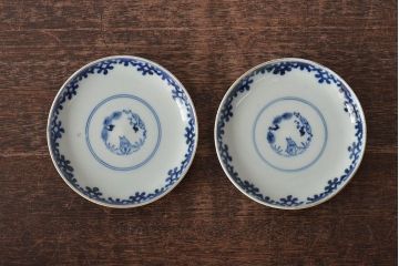 古民具・骨董　幕末明治　富長貴春銘　色絵染付蓋茶碗2客セット(和食器)(R-043345)