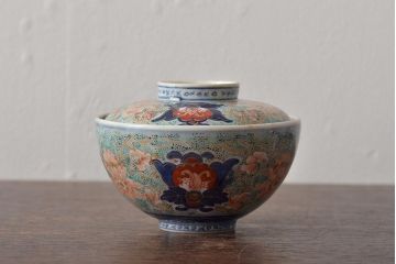 古民具・骨董　幕末明治　富長貴春銘　色絵染付蓋茶碗2客セット(和食器)(R-043345)