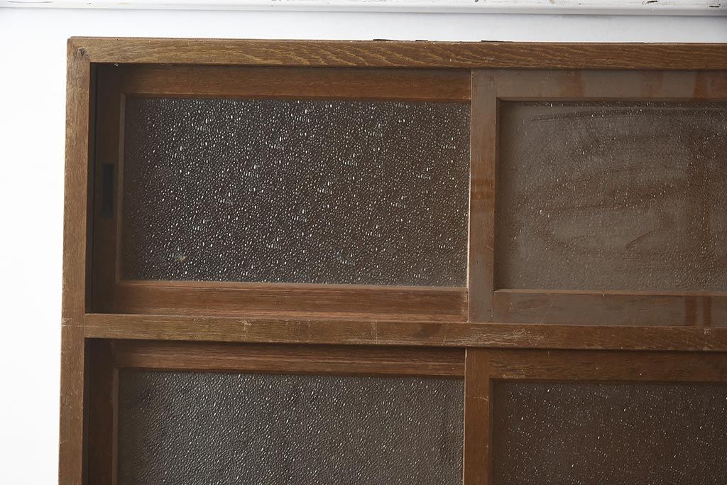 レトロ家具　昭和中期　ナラ材　ダイヤガラスがおしゃれな作業台付き食器棚(収納棚、戸棚、キャビネット)(R-043365)