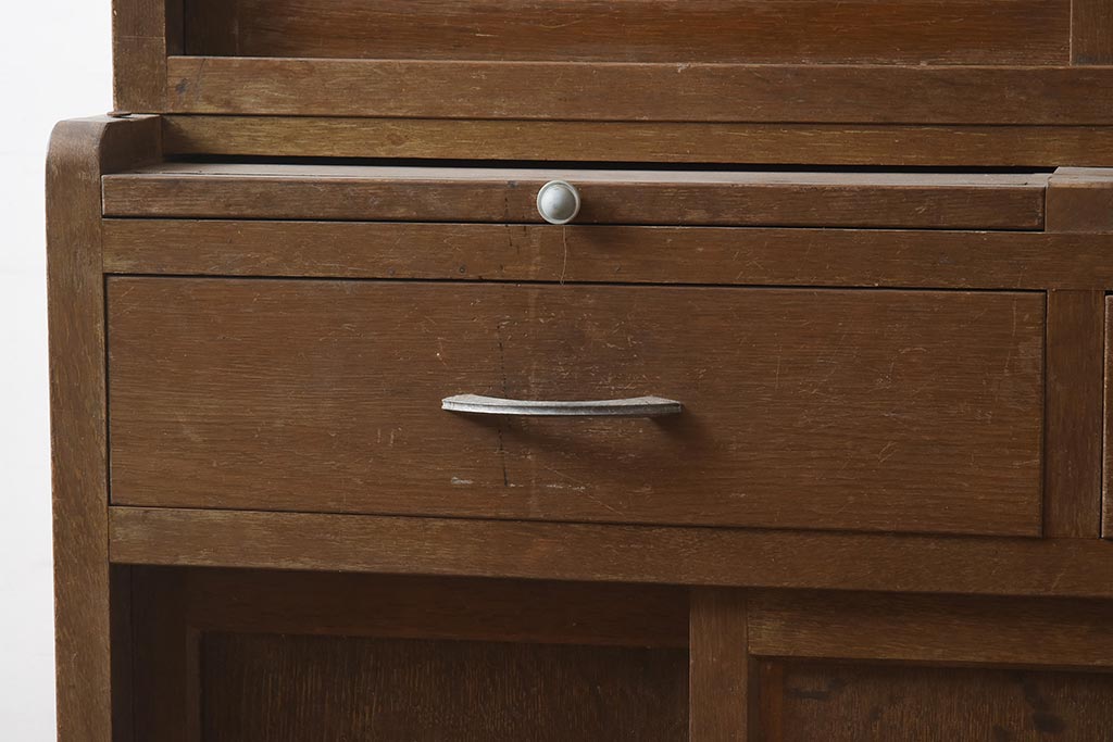 レトロ家具　昭和中期　ナラ材　ダイヤガラスがおしゃれな作業台付き食器棚(収納棚、戸棚、キャビネット)(R-043365)