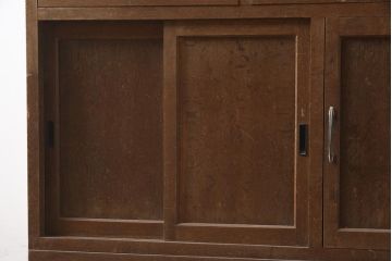 レトロ家具　昭和中期　ナラ材　ダイヤガラスがおしゃれな作業台付き食器棚(収納棚、戸棚、キャビネット)(R-043365)