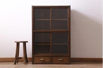 アンティーク家具　大正昭和初期　ヒノキ材　木の質感が味わい深いレトロなガラス戸棚(収納棚、飾り棚、食器棚)(R-043381)