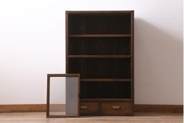 アンティーク家具　大正昭和初期　ヒノキ材　木の質感が味わい深いレトロなガラス戸棚(収納棚、飾り棚、食器棚)(R-043381)