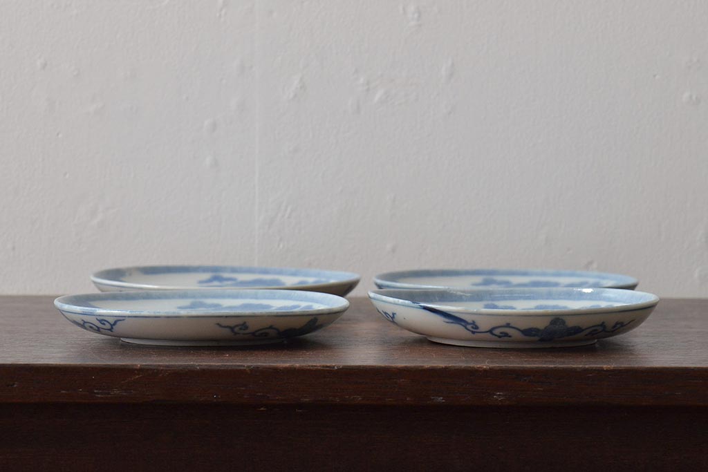 古民具・骨董　明治大正期　茶摘みの図　図変わり印判五寸皿4枚セット(中皿、和食器)(R-043387)