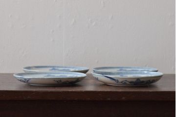 古民具・骨董　明治大正期　茶摘みの図　図変わり印判五寸皿4枚セット(中皿、和食器)(R-043387)