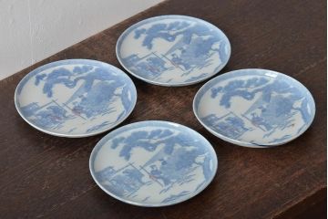 古民具・骨董　明治大正期　茶摘みの図　図変わり印判五寸皿4枚セット(中皿、和食器)(R-043387)