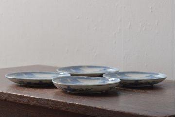 古民具・骨董　明治大正期　茶摘みの図　図変わり印判五寸皿4枚セット(中皿、和食器)(R-043387)