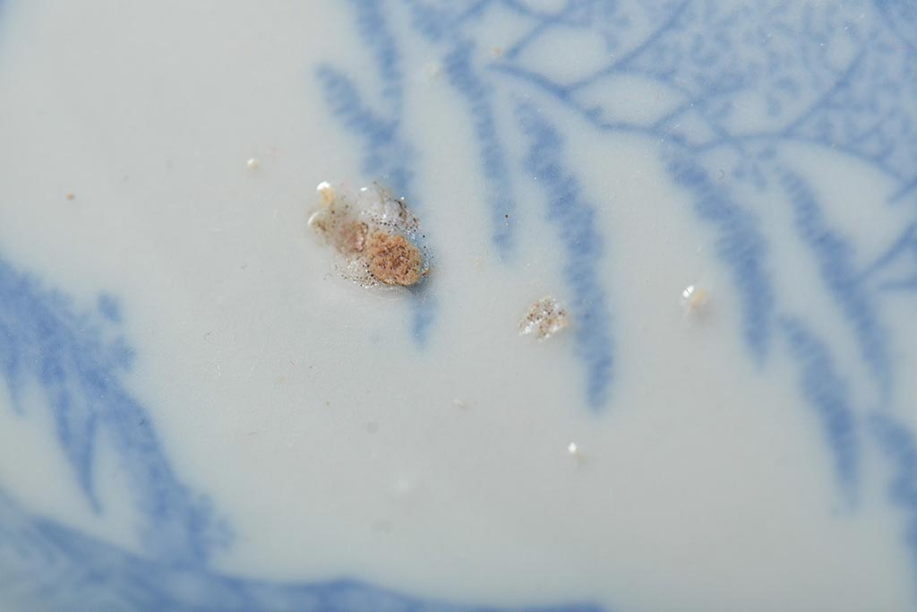 古民具・骨董　明治大正期　茶摘みの図　図変わり印判五寸皿4枚セット(中皿、和食器)(R-043387)