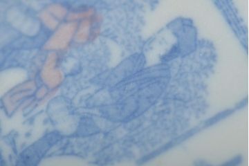 古民具・骨董　明治大正期　茶摘みの図　図変わり印判五寸皿4枚セット(中皿、和食器)(R-043387)