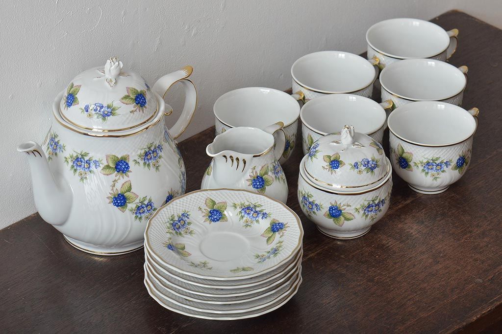 中古　ハンガリー　HOLLOHAZA(ホロハーザ)　Pannonia(パノニア)　ティーポット・カップ&ソーサー6客・クリーマー・シュガーポット　ティーセット(洋食器)(R-043391)