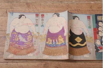 明治期　浮世絵　相撲、戦争など　58枚　29種　版画　画帖(國芳、周延、國明)(R-043411)