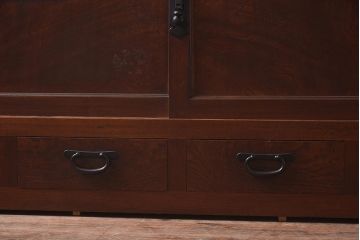 アンティーク家具　明治大正期　前面欅(ケヤキ)材・玉杢材　漆塗り　重ね水屋箪笥(和箪笥、戸棚)(R-043432)