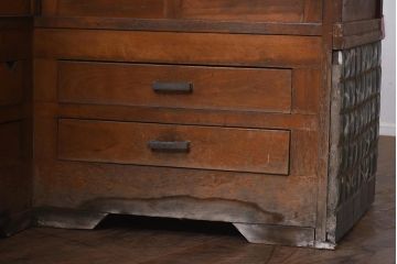 ビンテージ家具　昭和レトロ　ナラ材　タイル仕様の珍しいガラスケース(ショーケース、陳列棚)(R-043436)