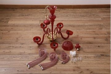 中古　SIGNORETTO LAMPADARI　ムラノガラス(ベネチア)　レッド　インパクトのある5灯シャンデリア(天井照明)(R-043443)