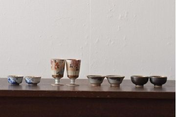 アンティーク雑貨　昭和初期　九谷美山造　猪口高杯など4組セット(色絵金彩、酒器)(R-043467)