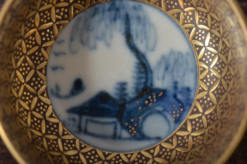 アンティーク雑貨　昭和初期　九谷美山造　猪口高杯など4組セット(色絵金彩、酒器)(R-043467)