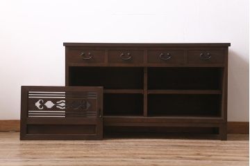 ラフジュ工房オリジナル　古建具リメイク　引き出し付き　明治大正期の味わい深いアンティーク建具を使ったローボード(テレビ台、収納棚、戸棚)(R-043472)