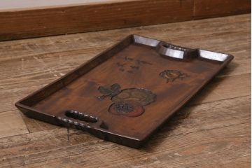 中古　烏城彫り　栃　拭き漆　果物・野菜の図　角膳尺8 手付(盆)(R-043474)