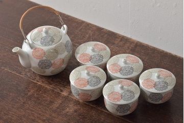 昭和期　古いノリタケ(日本陶器、日陶、則武、Noritake)　急須・湯呑み5客セット　箱付(湯のみ、茶器)(R-043510)