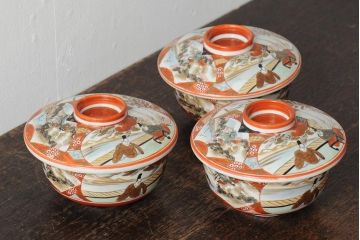 アンティーク雑貨　明治期　九谷焼赤絵蓋茶碗3客(和食器)(R-043515)