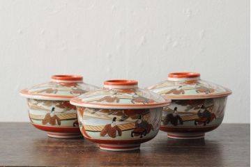 アンティーク雑貨　明治期　九谷焼赤絵蓋茶碗3客(和食器)(R-043515)