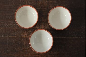 アンティーク雑貨　明治期　九谷焼赤絵蓋茶碗3客(和食器)(R-043515)